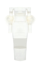 BANDAGE OFF-SHOULDER FEATHER MIDI DRESS IN WHITE