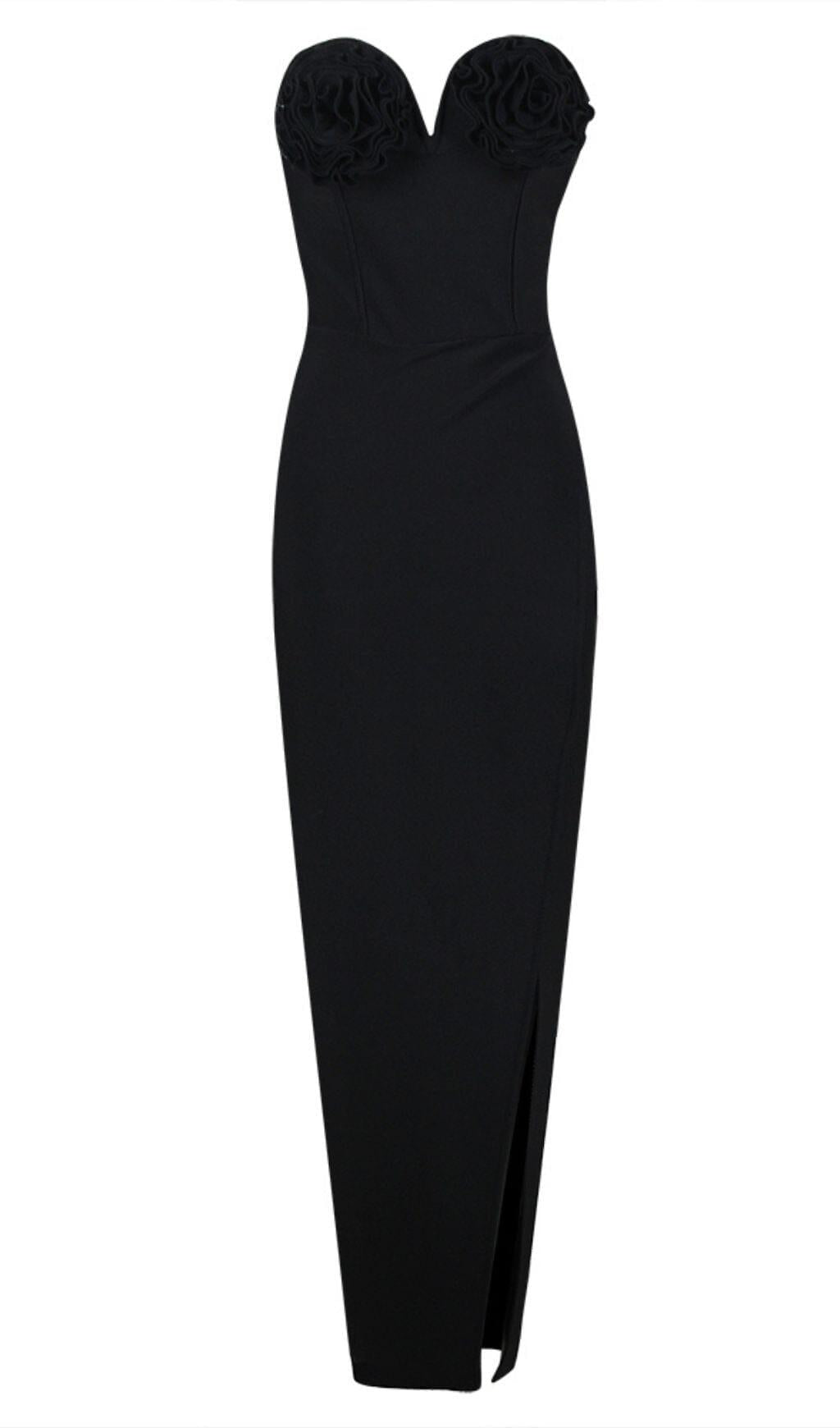 BANDEAU THIGH SLIT MIDI DRESS IN BLACK