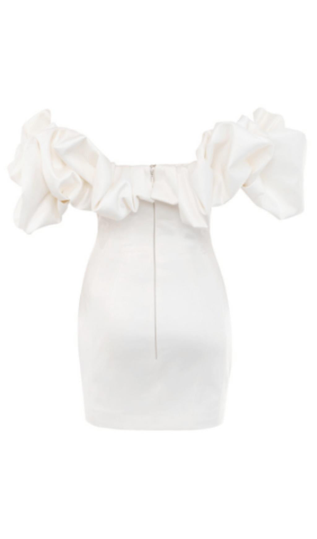 BLACK SATIN RUFFLE STRAPLESS DRESS