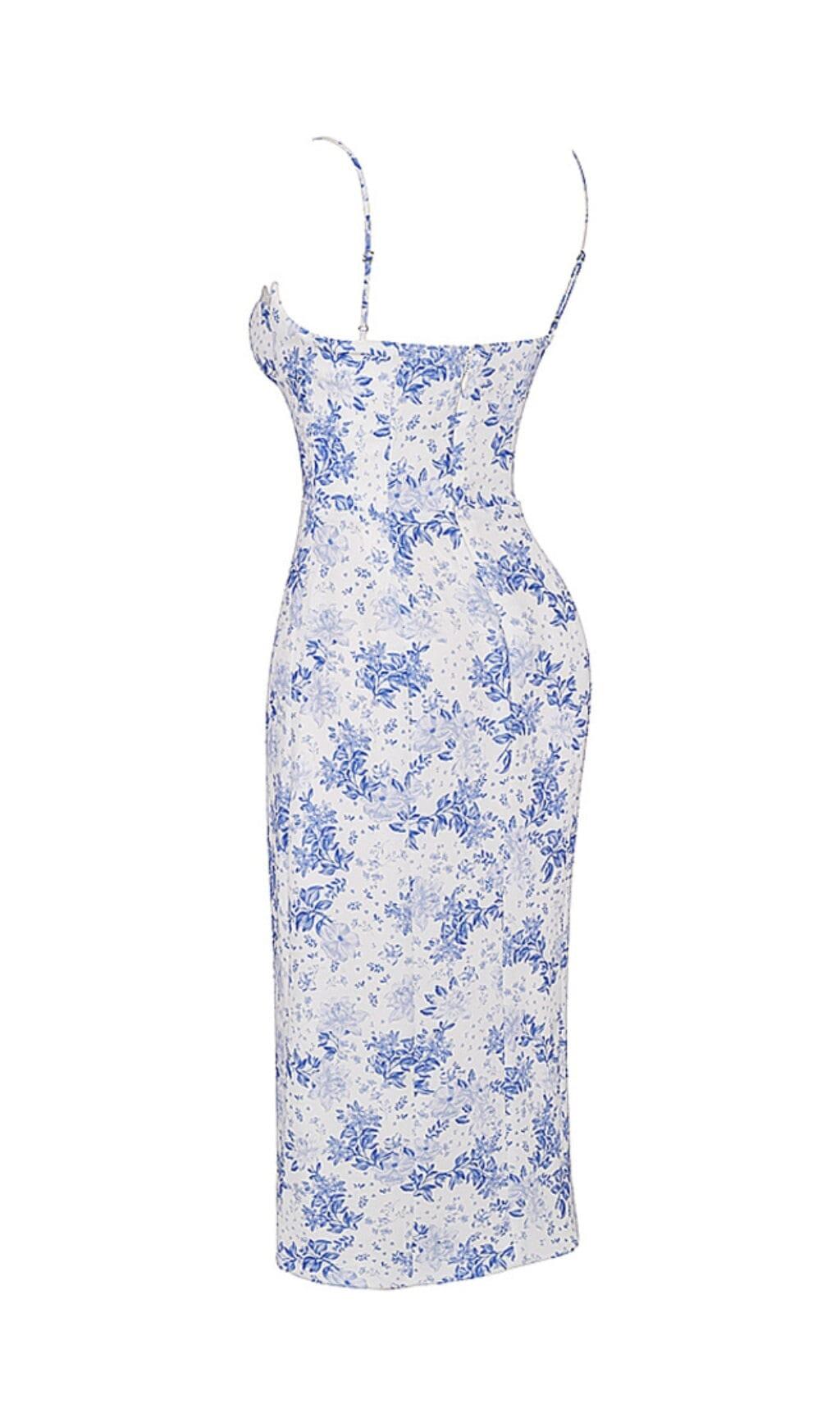 BLUE PRINT CORSET MIDI DRESS