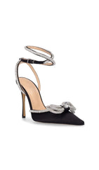 BOW CRYSTAL SATIN HEELS IN BLACK