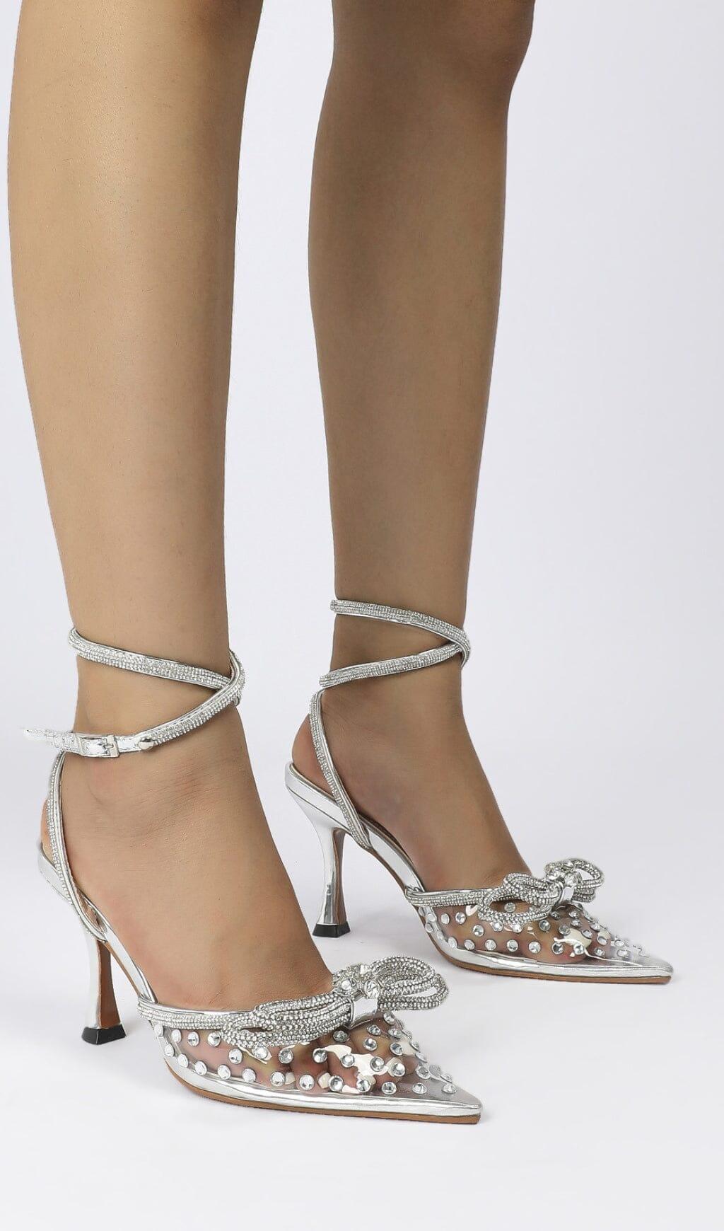 BOW EMBELLISHED HEELS IN SLIVER