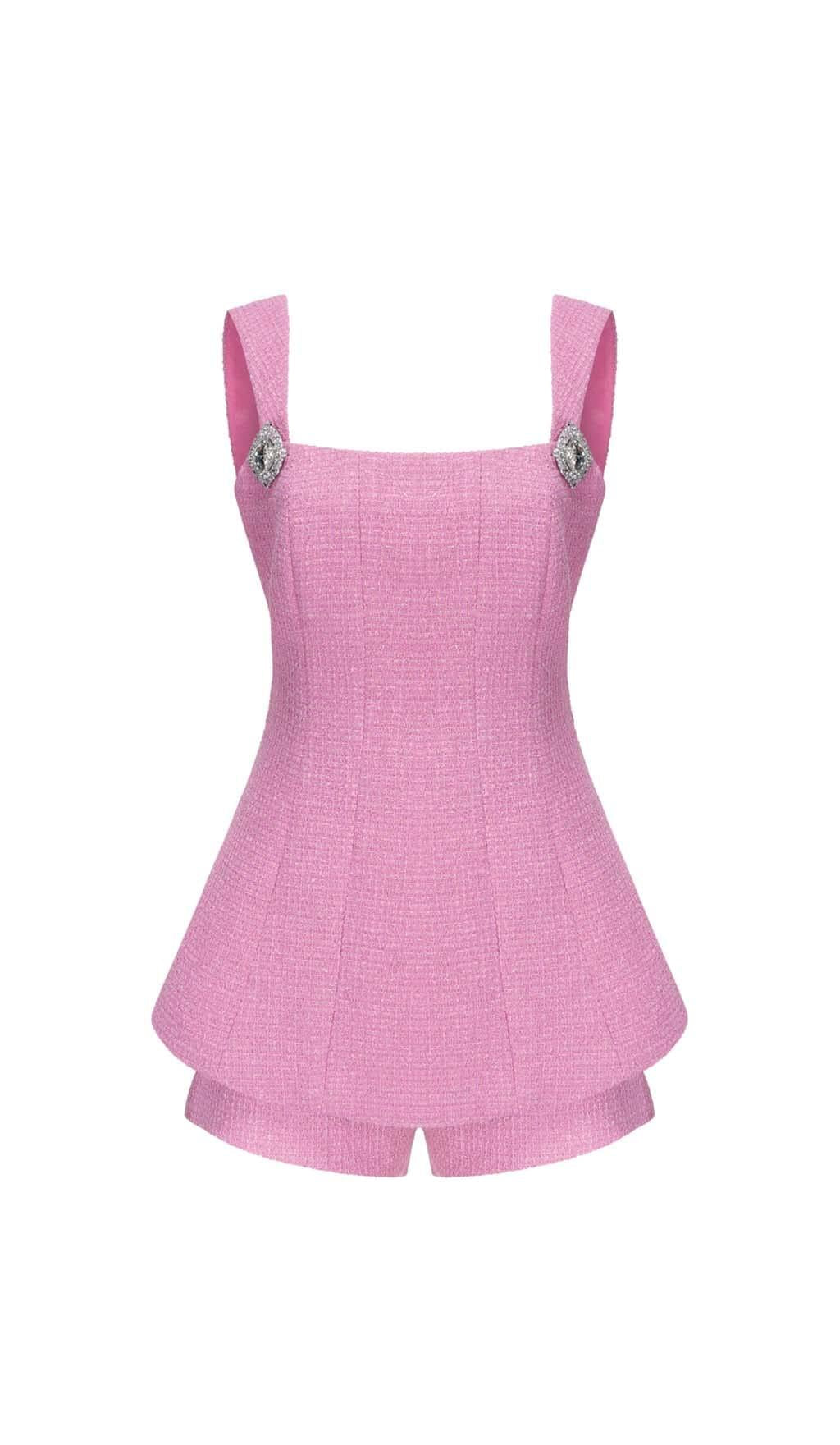 BOW-EMBELLISHED RHINESTONE MINI DRESS IN PINK