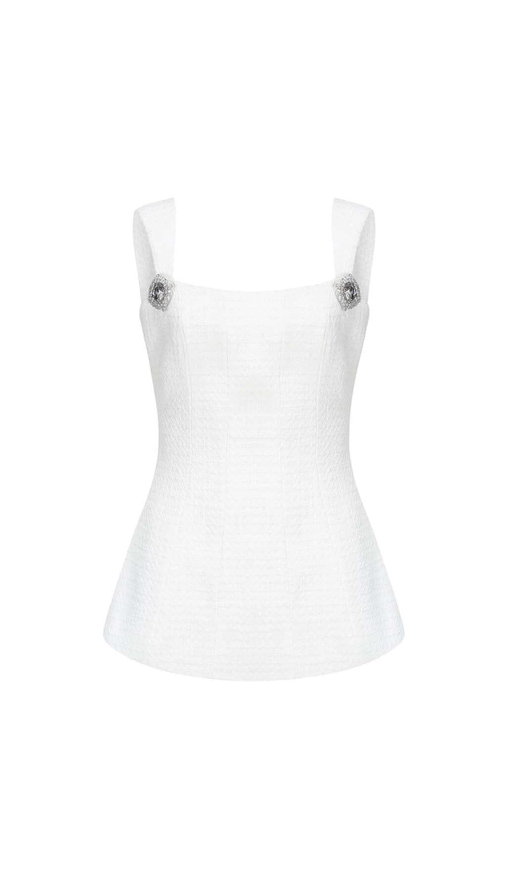 BOW-EMBELLISHED RHINESTONE MINI DRESS IN WHITE