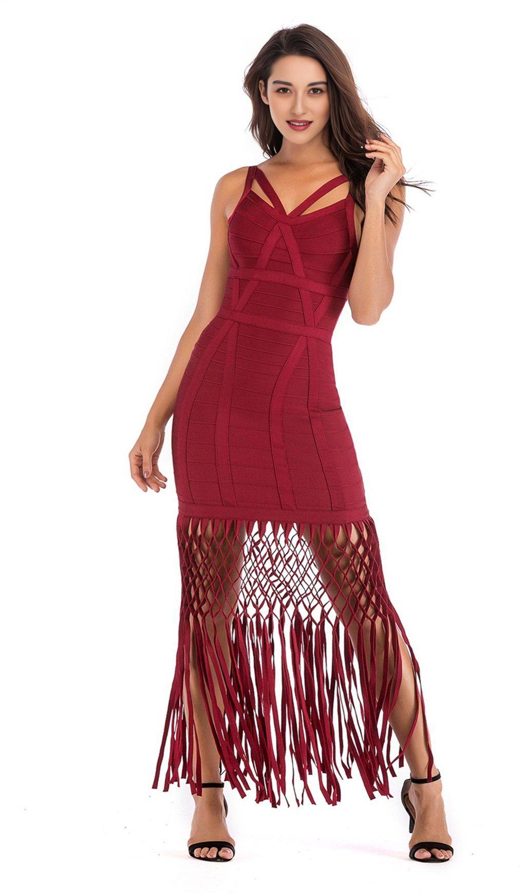 WINE DRAPED  MAXI BANDAGE DRESS