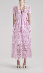 CORD LACE TIERED MIDI DRESS IN PINK