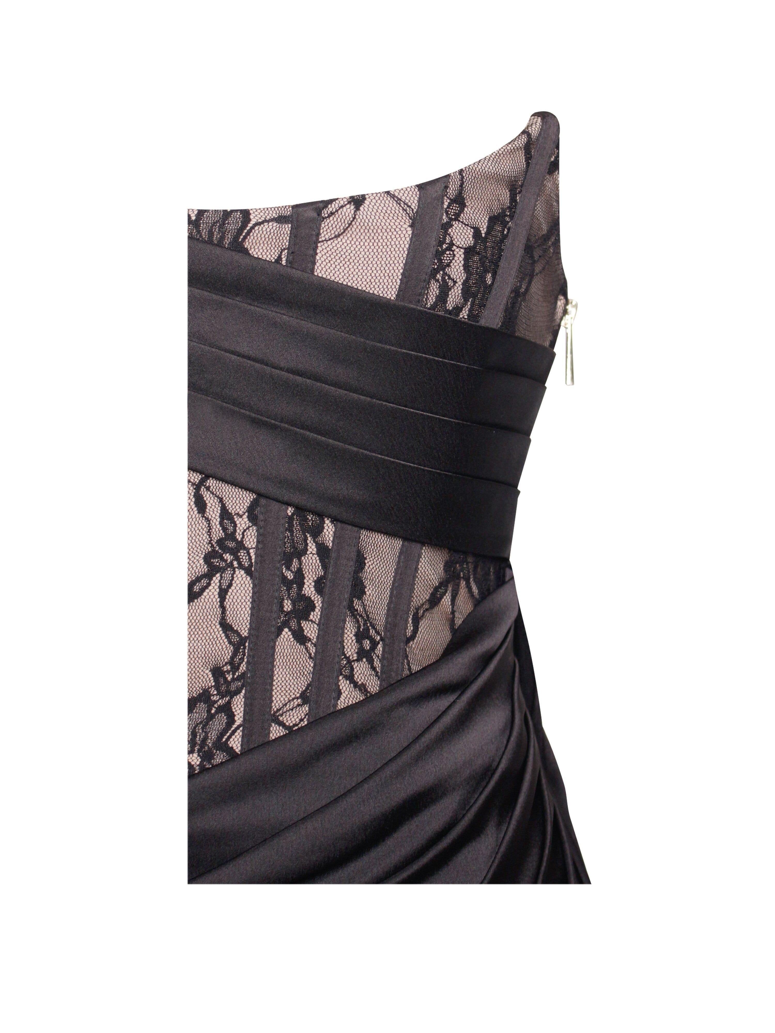 CORSET SATIN PLEATED MAXI DRESS IN BLACK