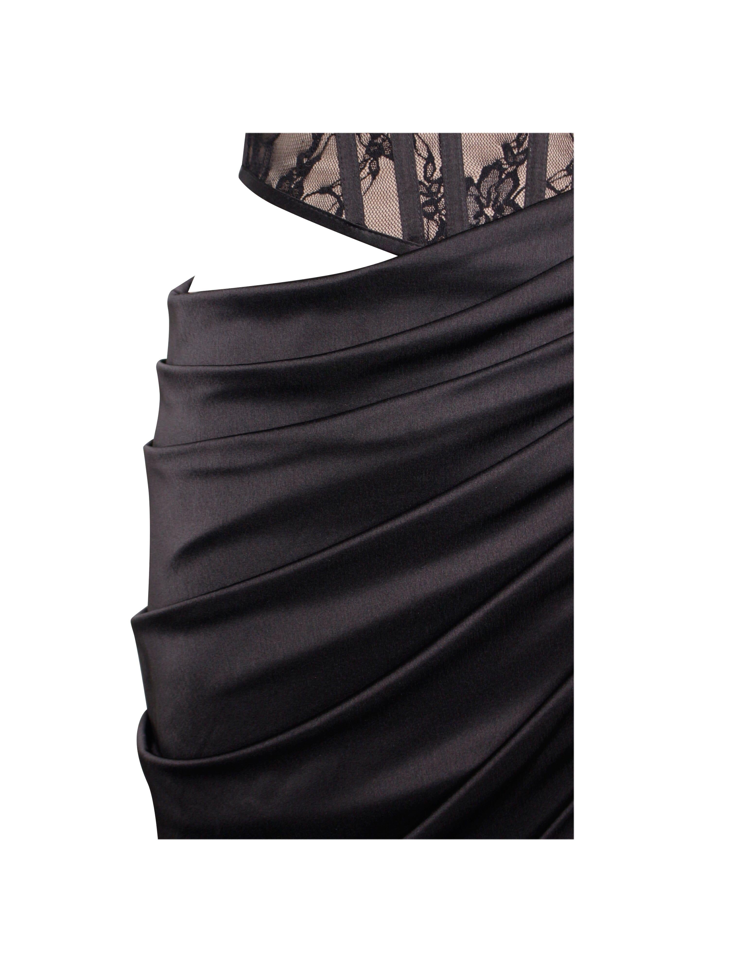 CORSET SATIN PLEATED MAXI DRESS IN BLACK