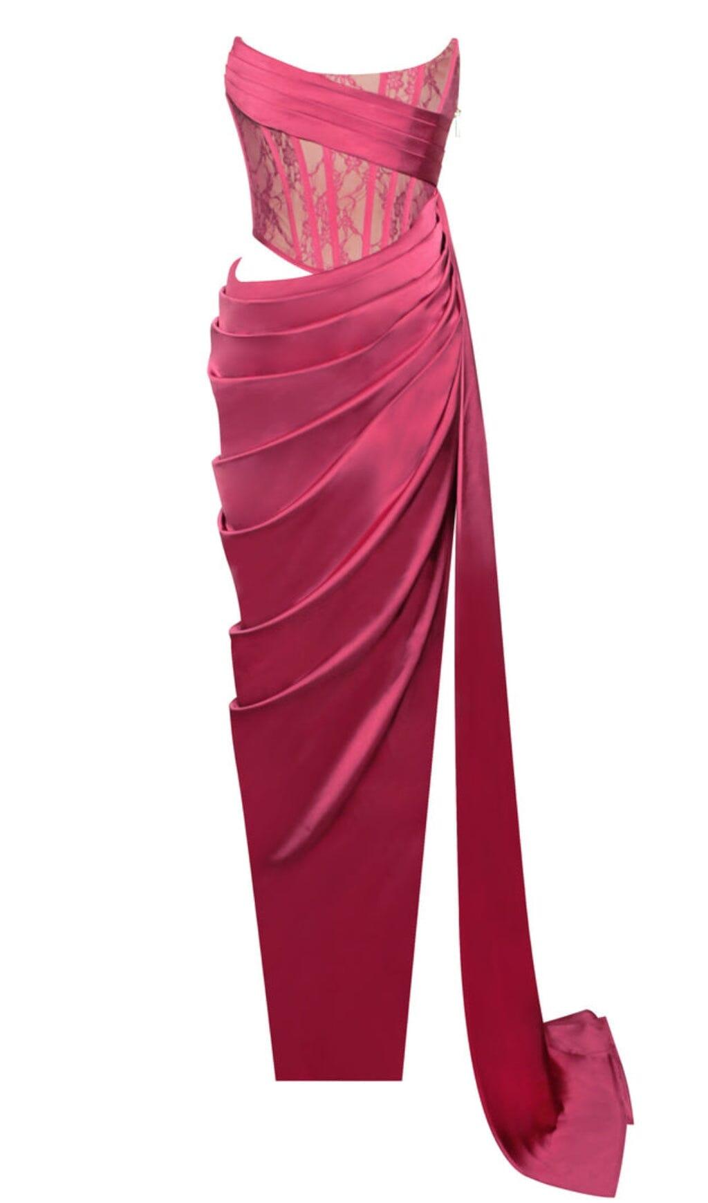 CORSET SATIN PLEATED MAXI DRESS IN RED