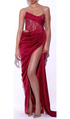 CORSET SATIN PLEATED MAXI DRESS IN RED