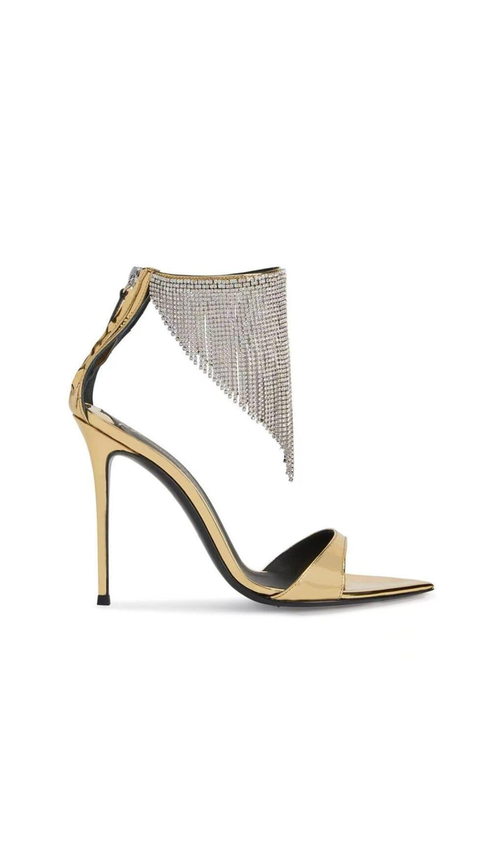 CRYSTAL TASSEL HEELS IN GOLD