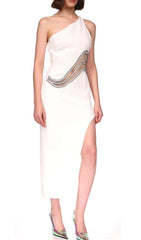 CUTOUT CRYSTALS HIGH-LOW DRESS IN WHITE