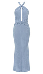 CUTOUT HALTER MIDI DRESS IN MISTY SKY