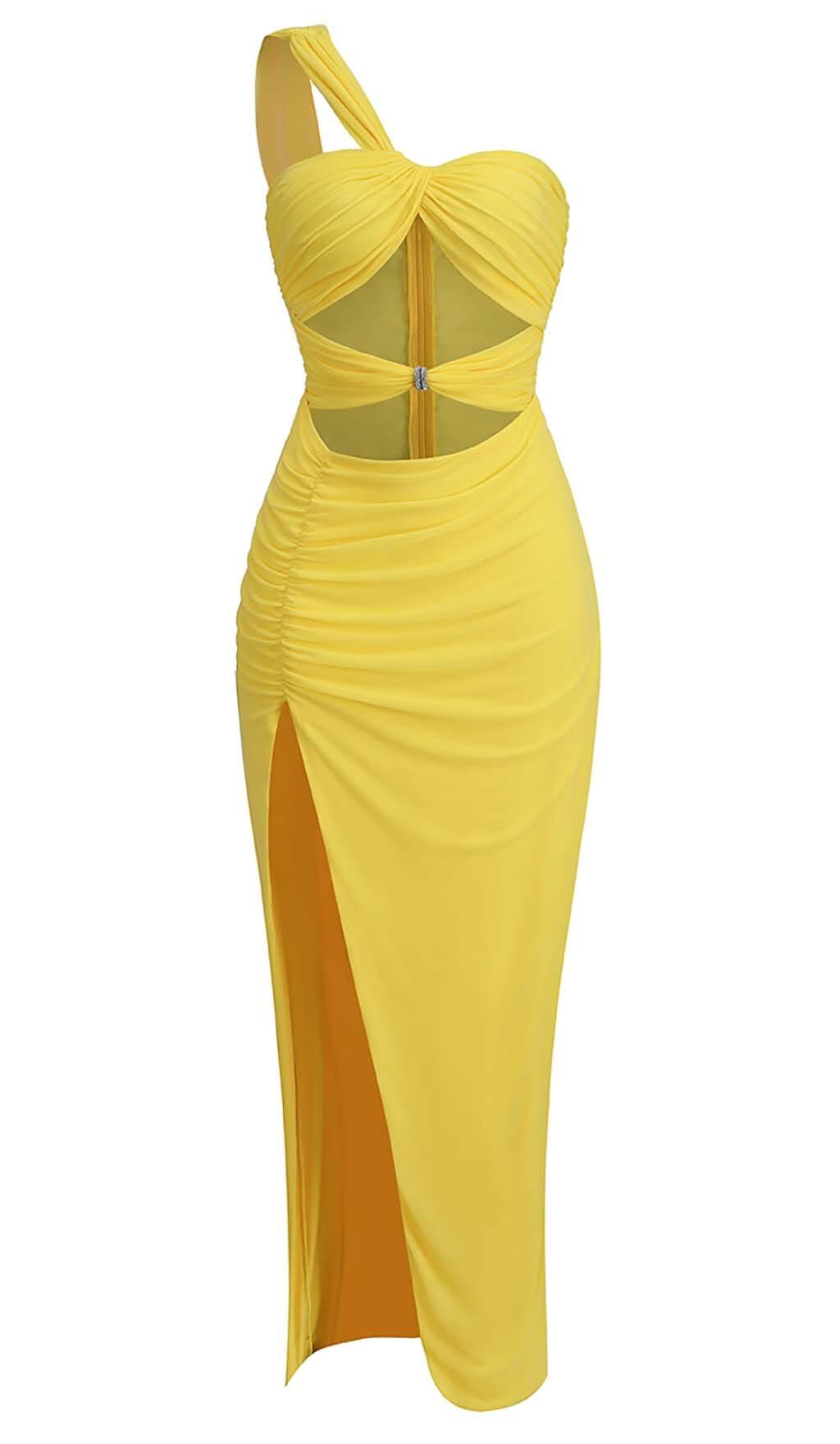 CUTOUT ONE-SHOULDER MIDI DRESS IN LEMON