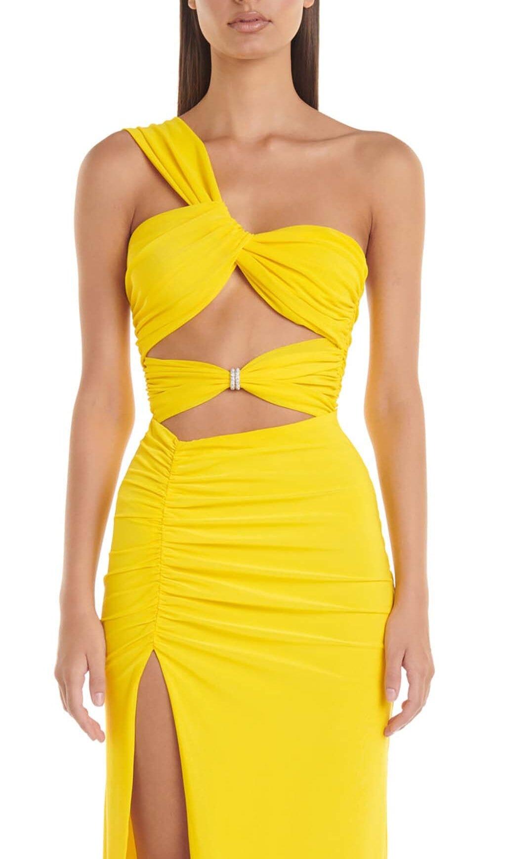 CUTOUT ONE-SHOULDER MIDI DRESS IN LEMON