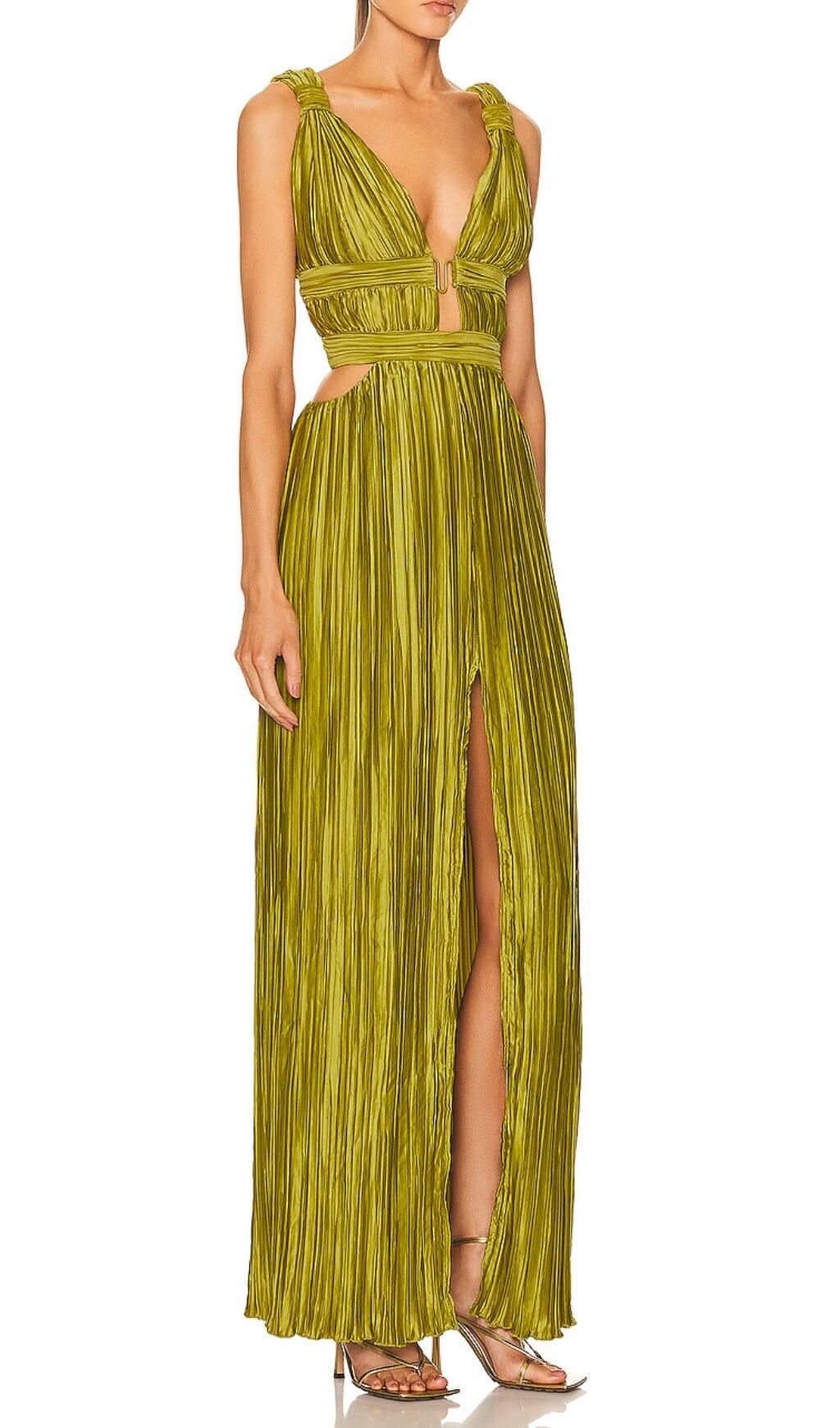 CUTOUT PLUNGE MIDI DRESS IN LIME GREEN