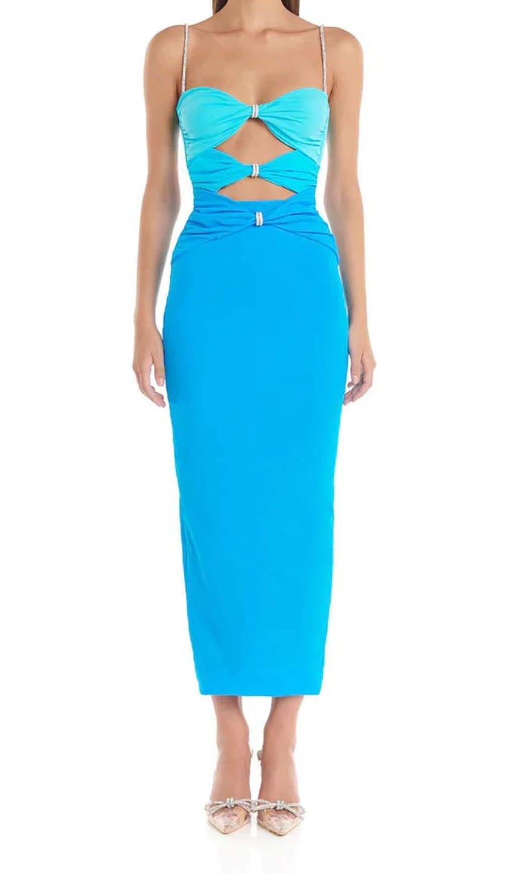 CUTOUT RHINESTONE MIDI DRESS IN BLUE