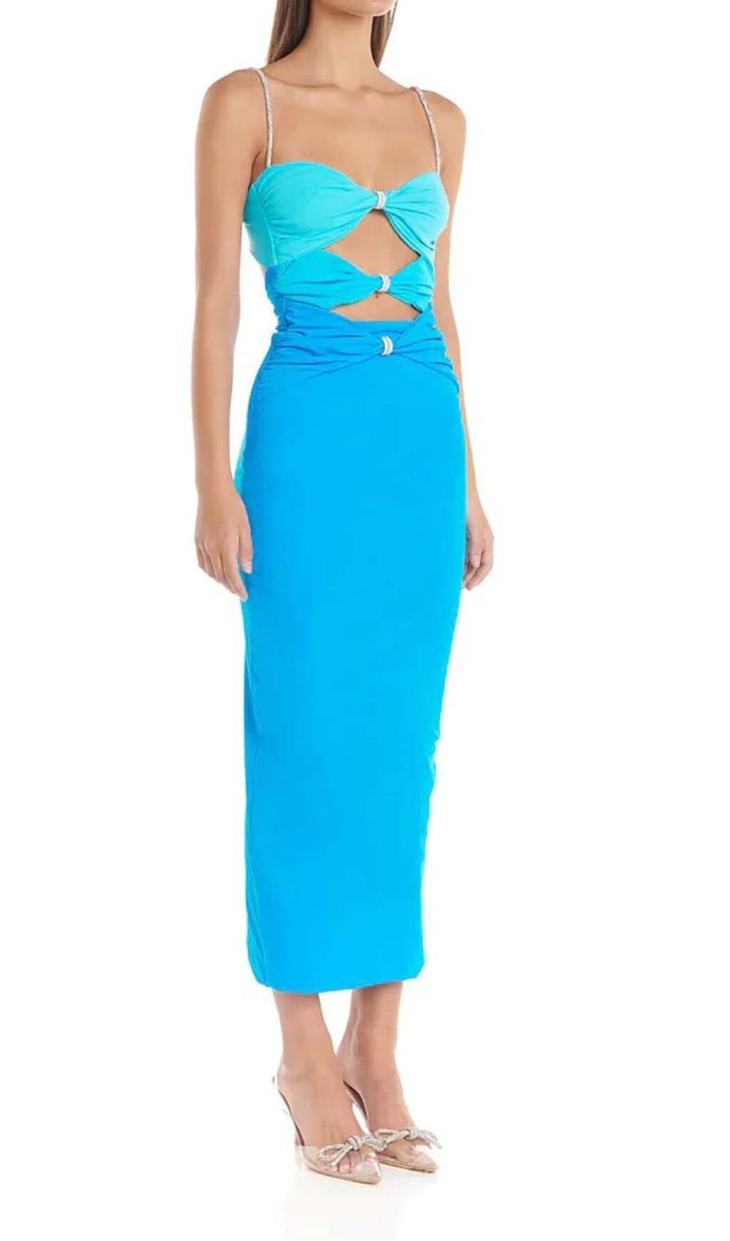 CUTOUT RHINESTONE MIDI DRESS IN BLUE