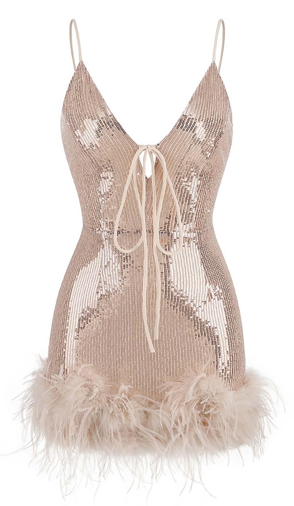 FEATHER PLUNGE MINI DRESS IN CREAMY BEIGE