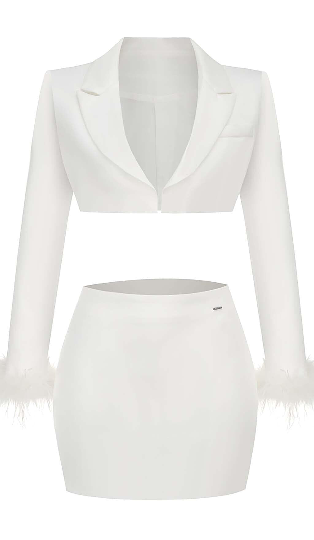 FEATHERS JACKET AND SHORT SKIRT IN WHITE