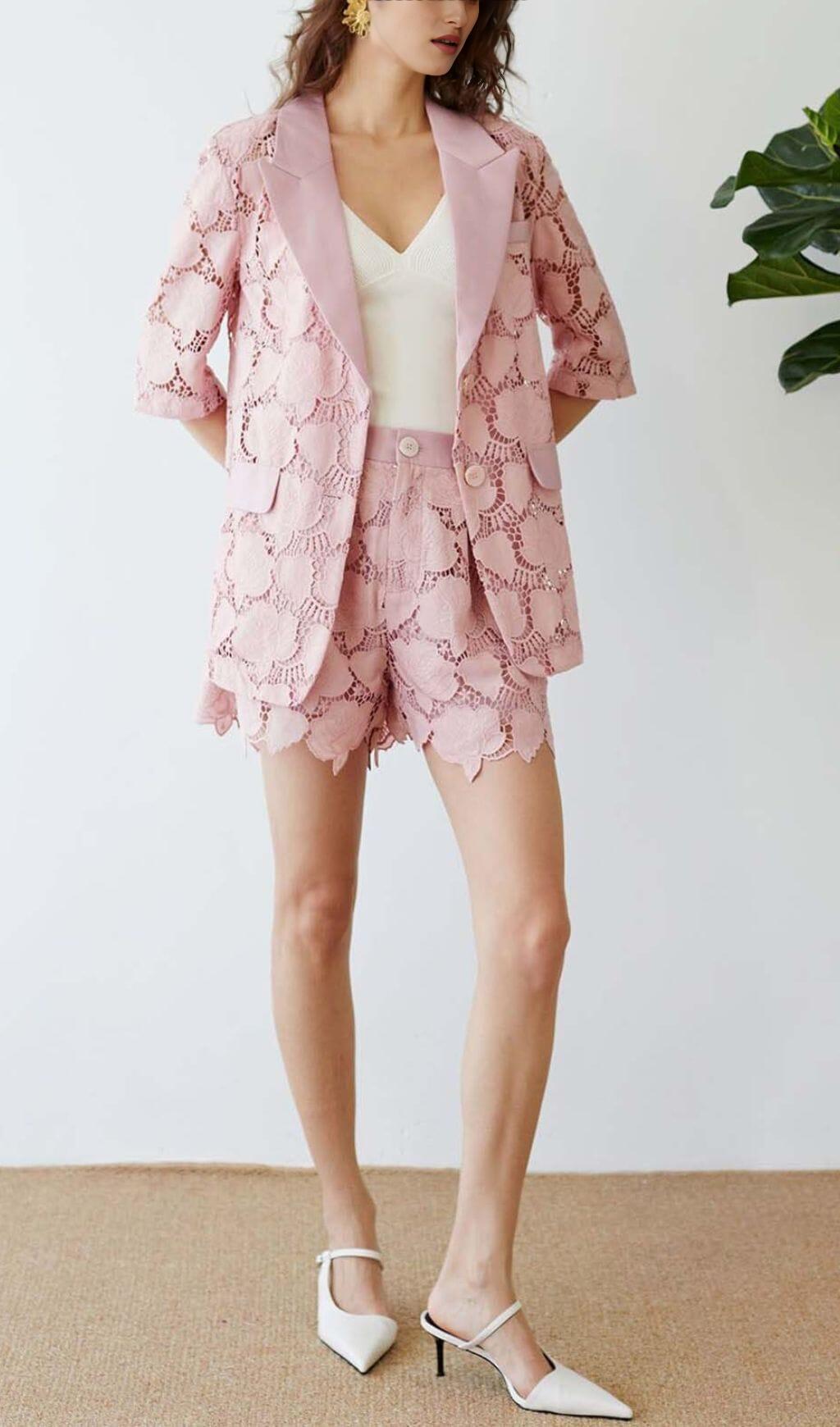 FLORAL CUTWORK JACKET DRESS SET IN PINK