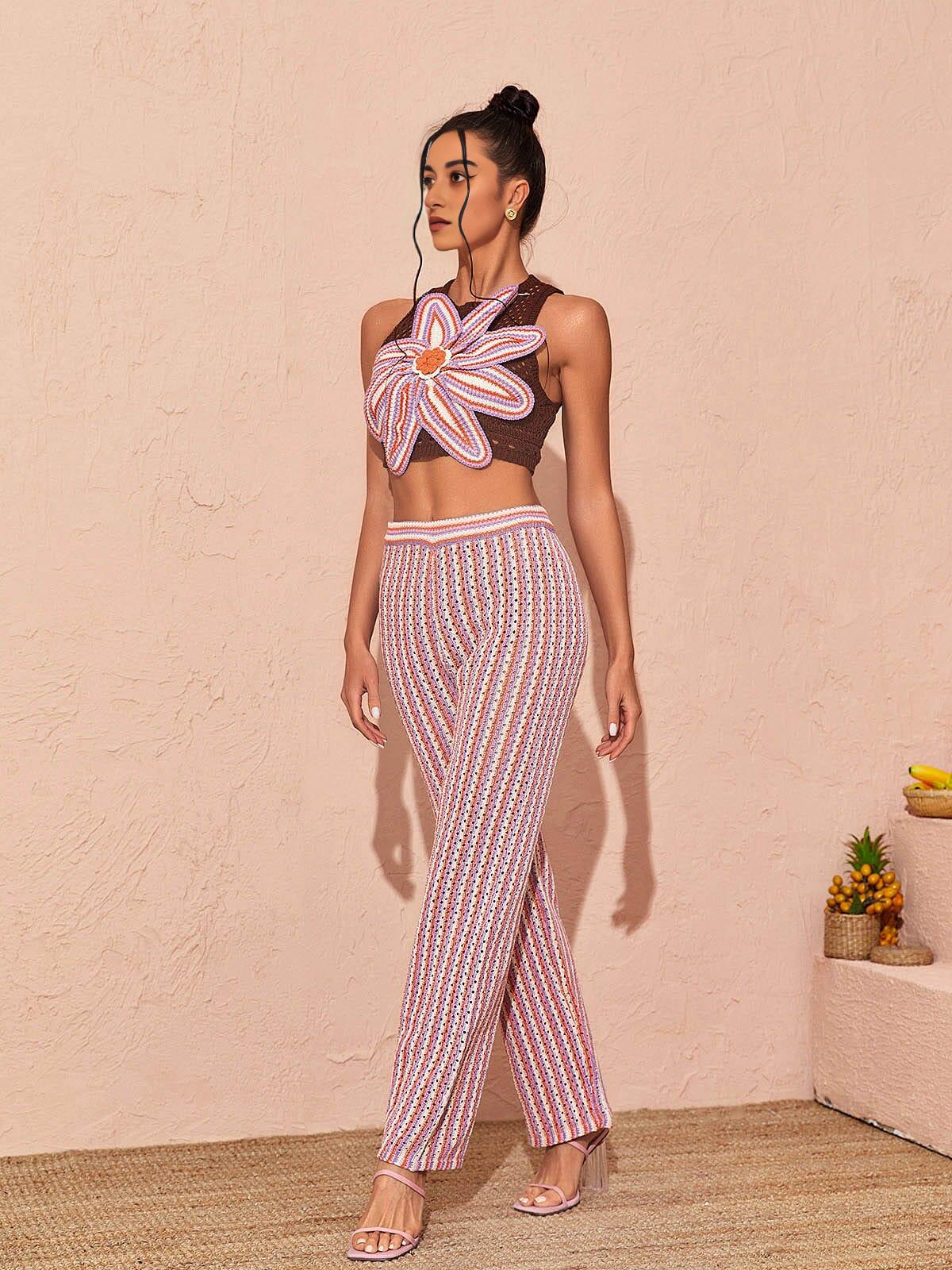 FLORAL HOLLOW KNITTED PANTS SET