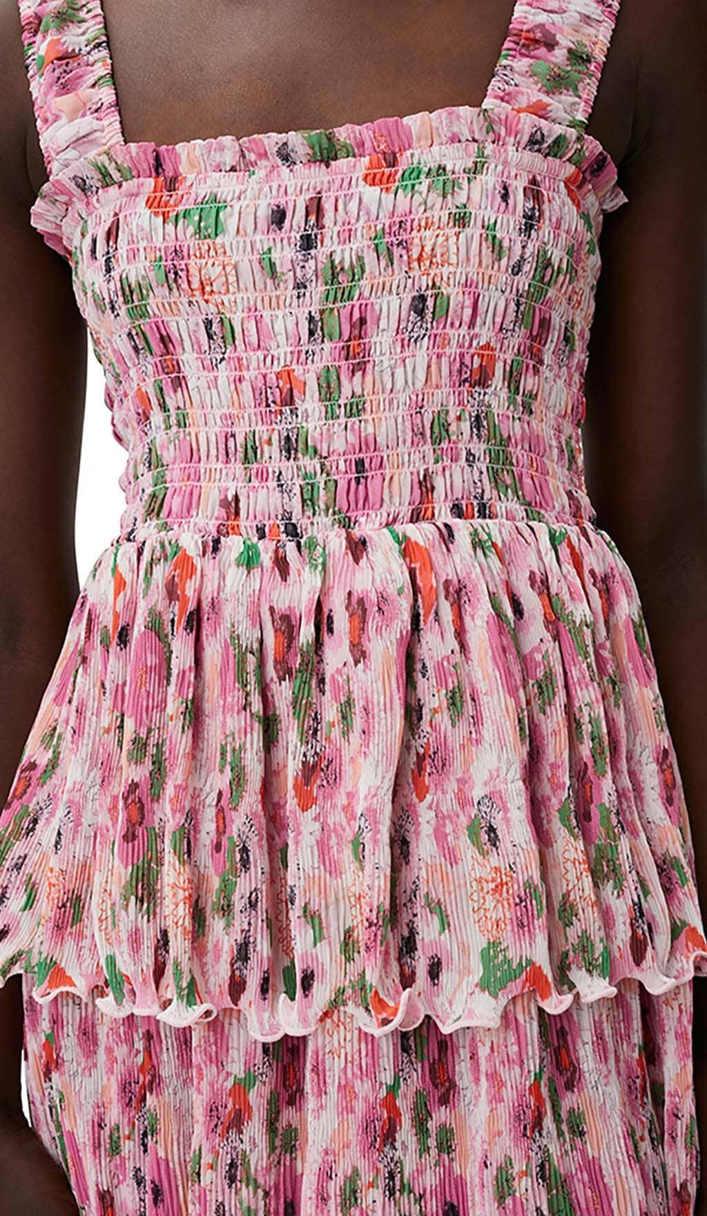 FLORAL-APPLIQUÉ TIERED MIDI DRESS IN PINK