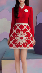 STAND COLLAR LONG SLEEVE HIGH WAIST PATCHWORK EMBROIDERY MINI DRESS