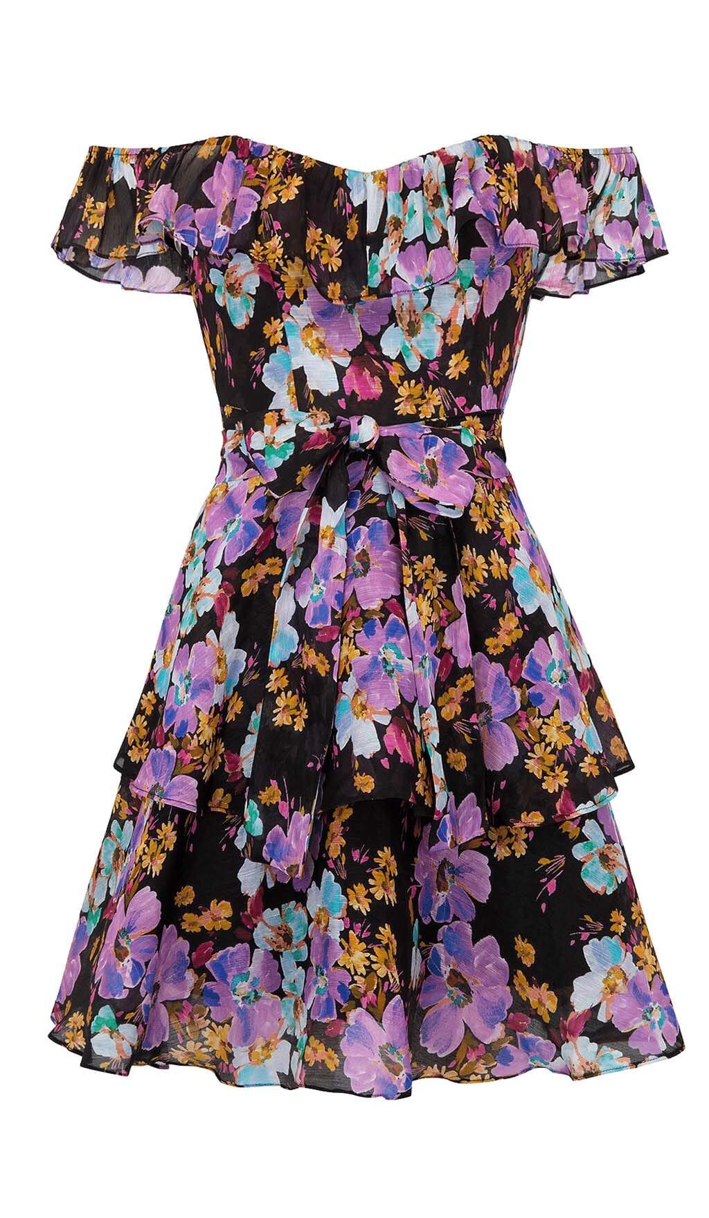 FLORAL-PRINT OFF-SHOULDER MINI DRESS IN PURPLE