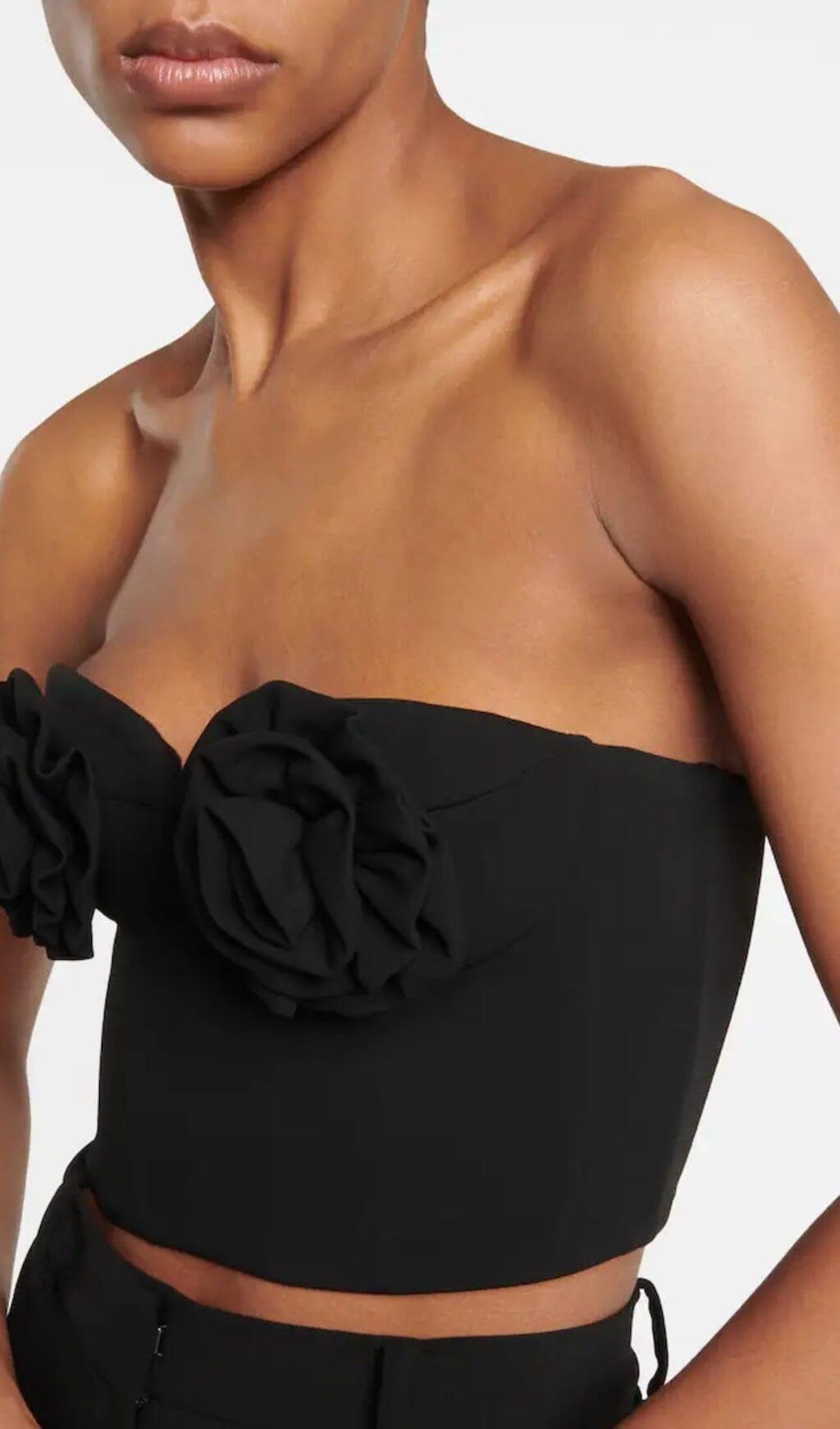 FLOWER APPLIQUE BUSTIER-STYLE TOP IN BLACK