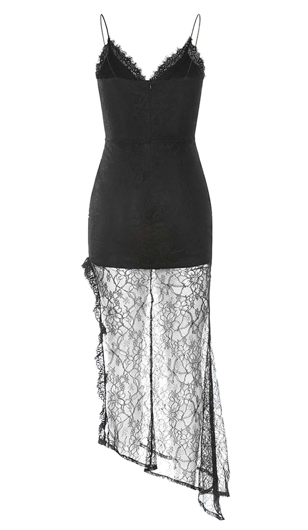 FLOWER APPLIQUE LACE MIDI DRESS IN BLACK