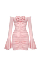 FLOWER-EMBELLISHED RUCHED MINI DRESS IN COTTON CANDY