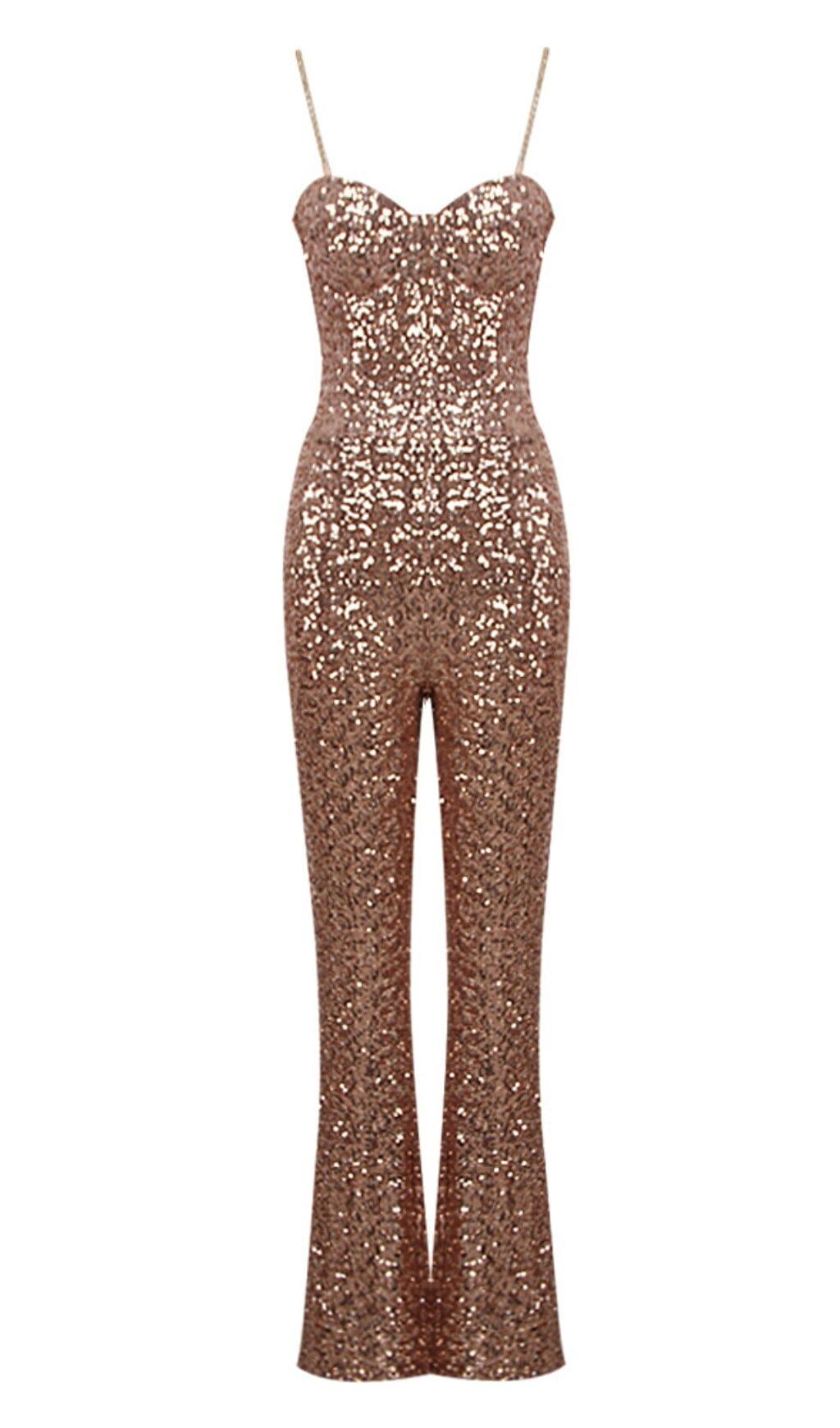 GLITTER STRAPPY JUMPSUIT IN GOLD