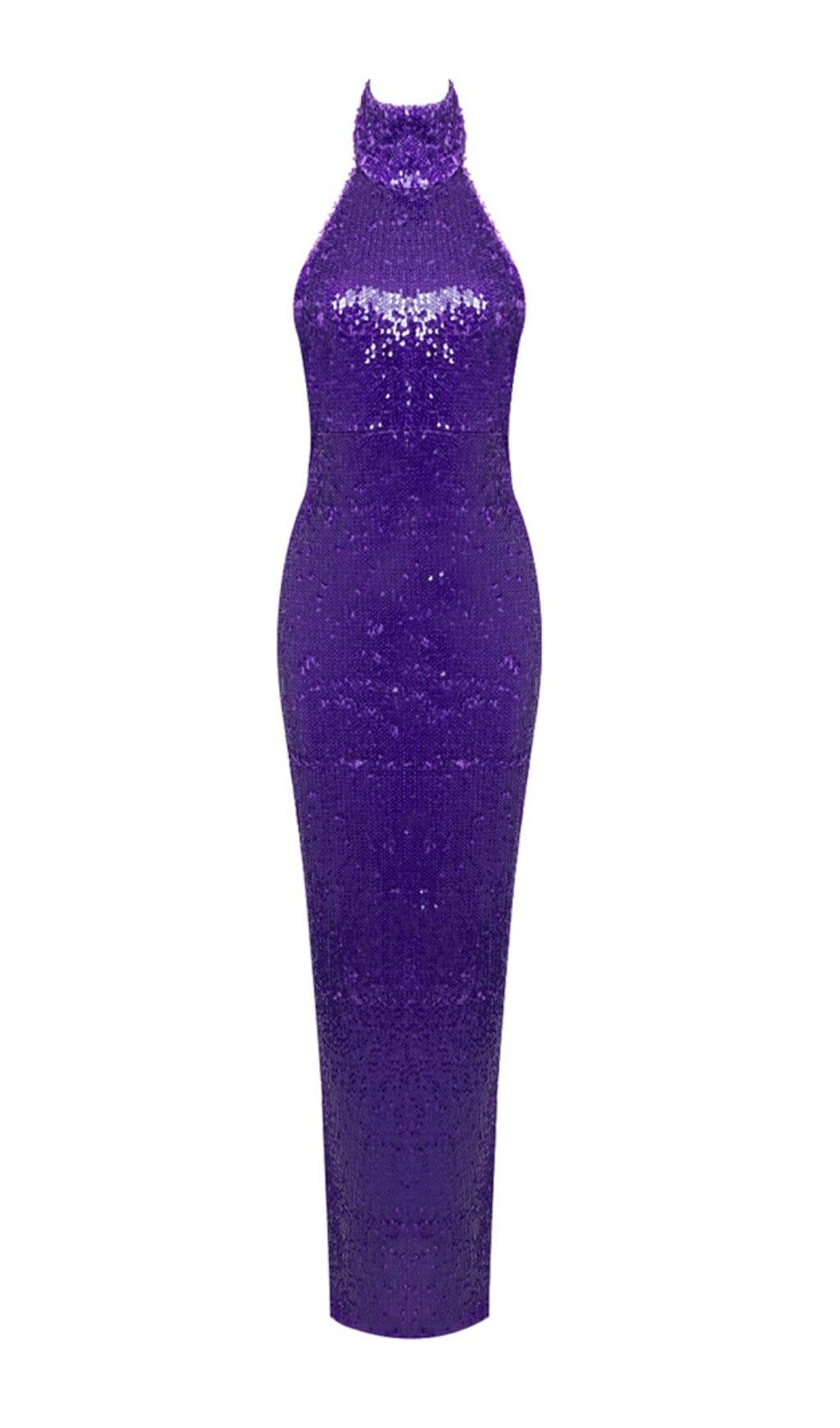 HALTER NECK SEQUIN MIDI DRESS IN PURPLE