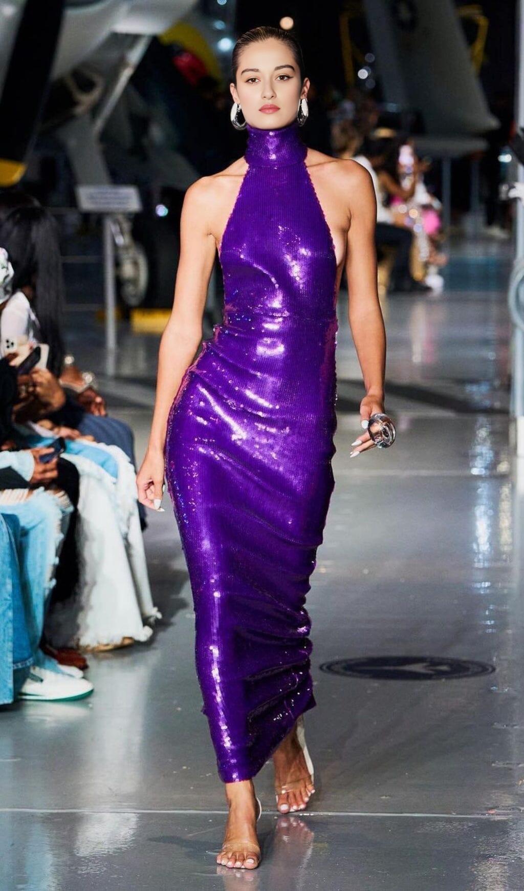 HALTER NECK SEQUIN MIDI DRESS IN PURPLE