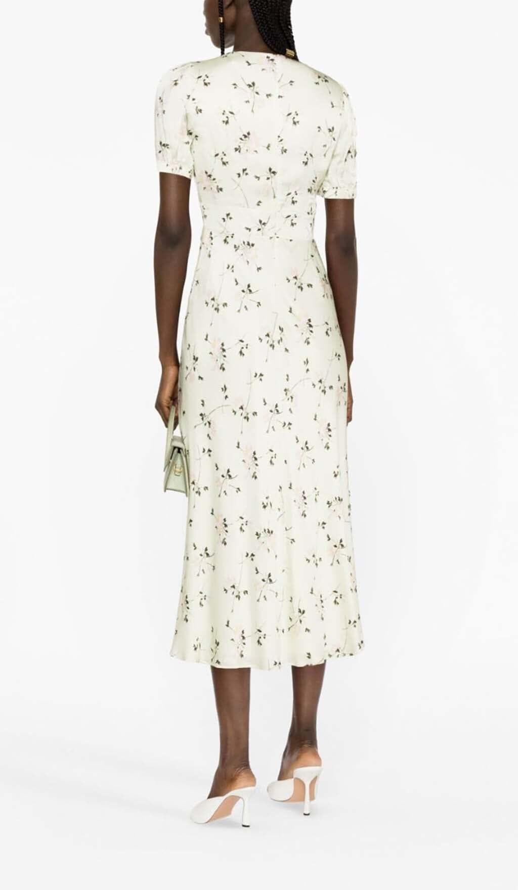 LACE TRIM FLORAL-PRINT MIDI DRESS IN LIGHT GRAYISH