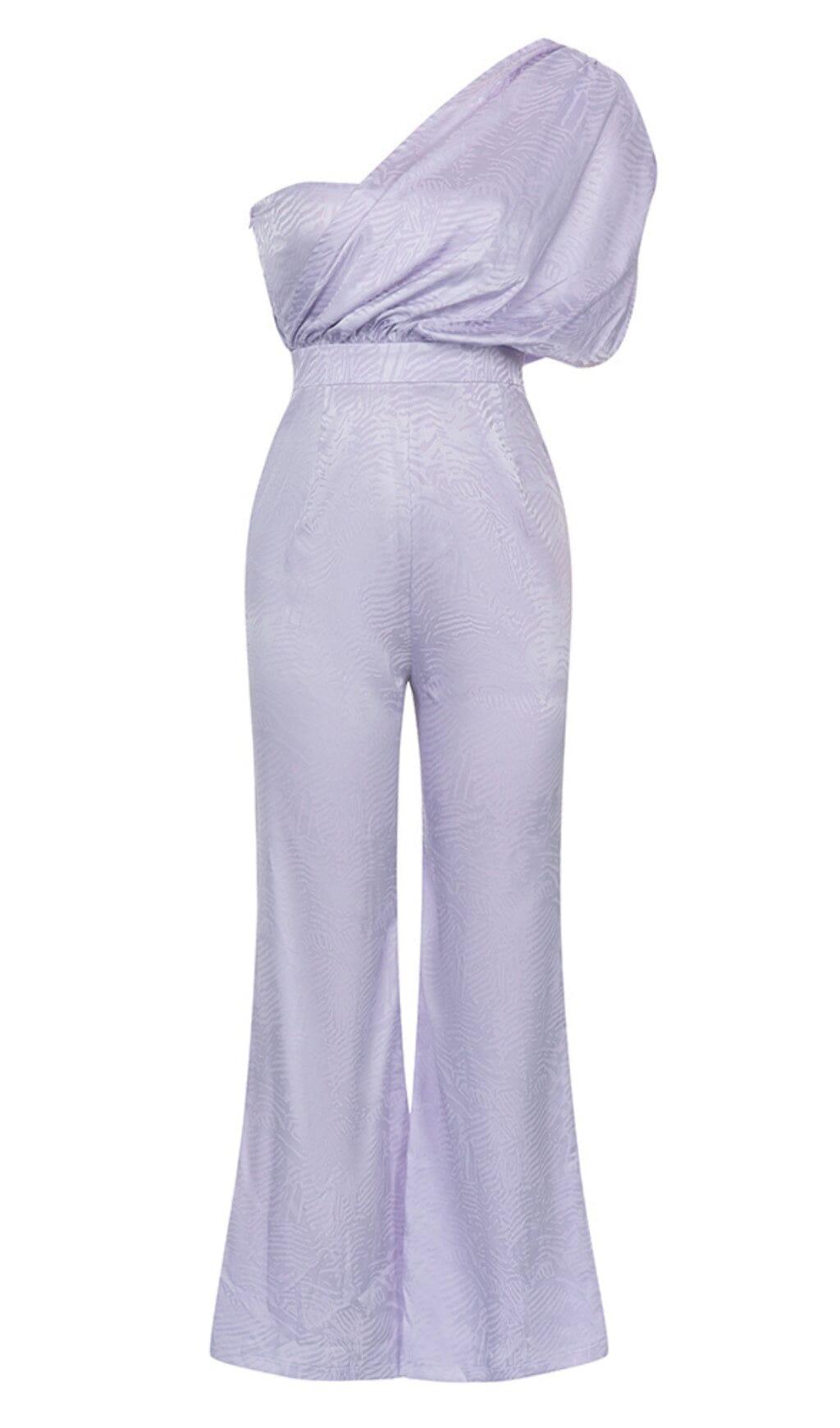 ONE SHOULDER SATIN JUMPSUIT IN LAVENDER