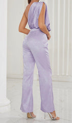 ONE SHOULDER SATIN JUMPSUIT IN LAVENDER