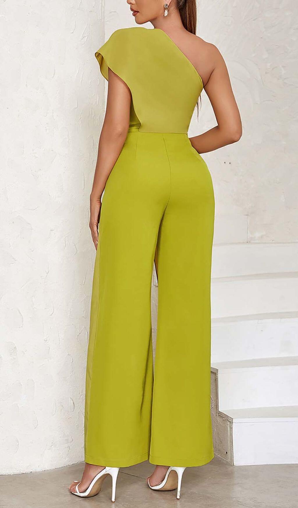 ONE SHOULDER TIERED JUMPSUIT IN OLIVE