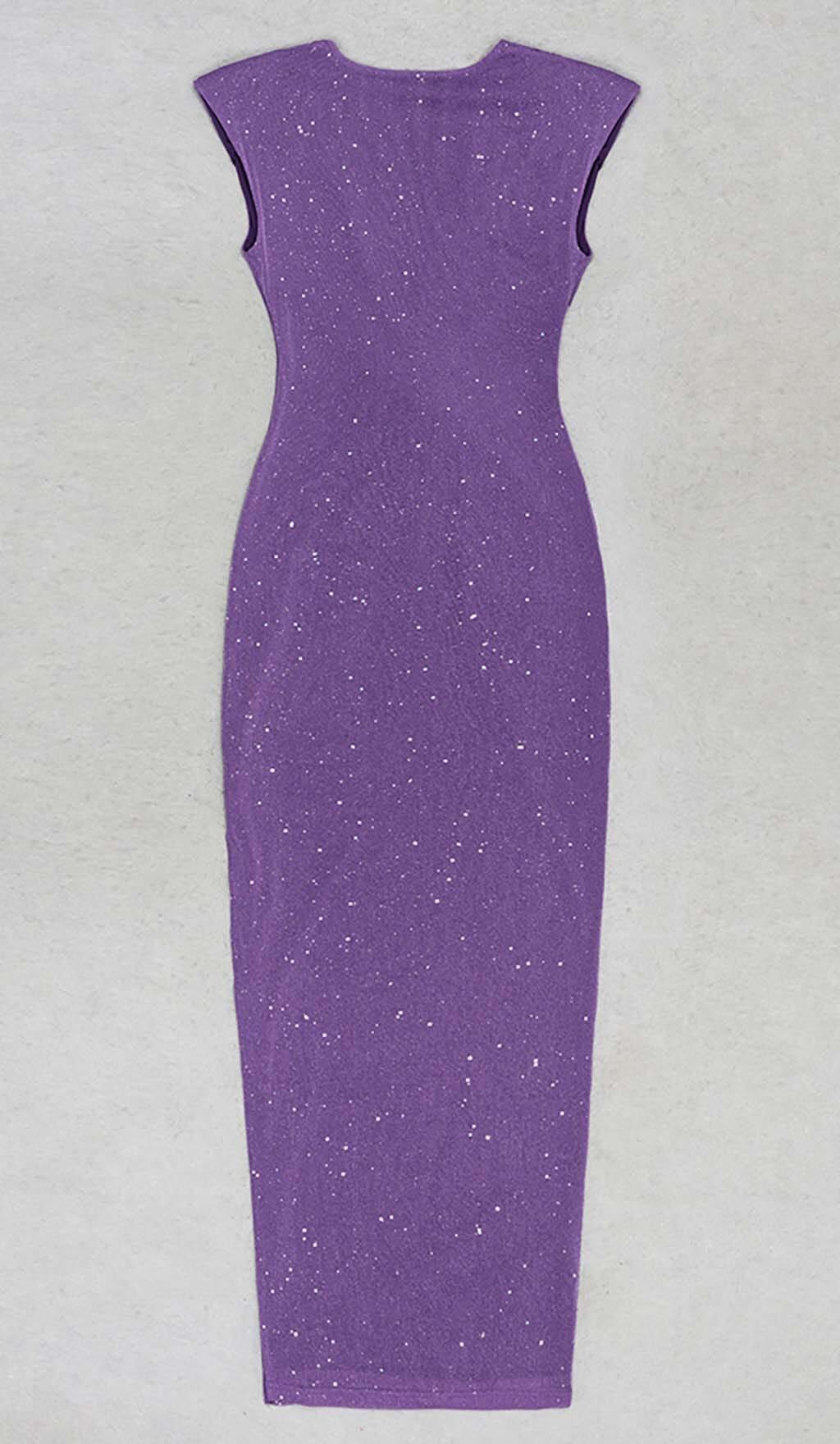 PLUNGE GLITTER BANDAGE MIDI DRESS IN AMETHYST