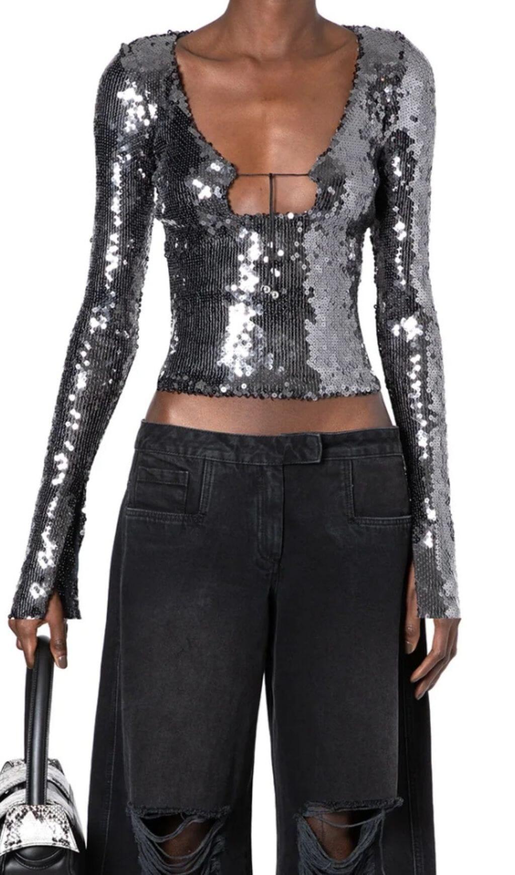 ANTHRACITE SEQUINED STRETCH-TULLE TOP