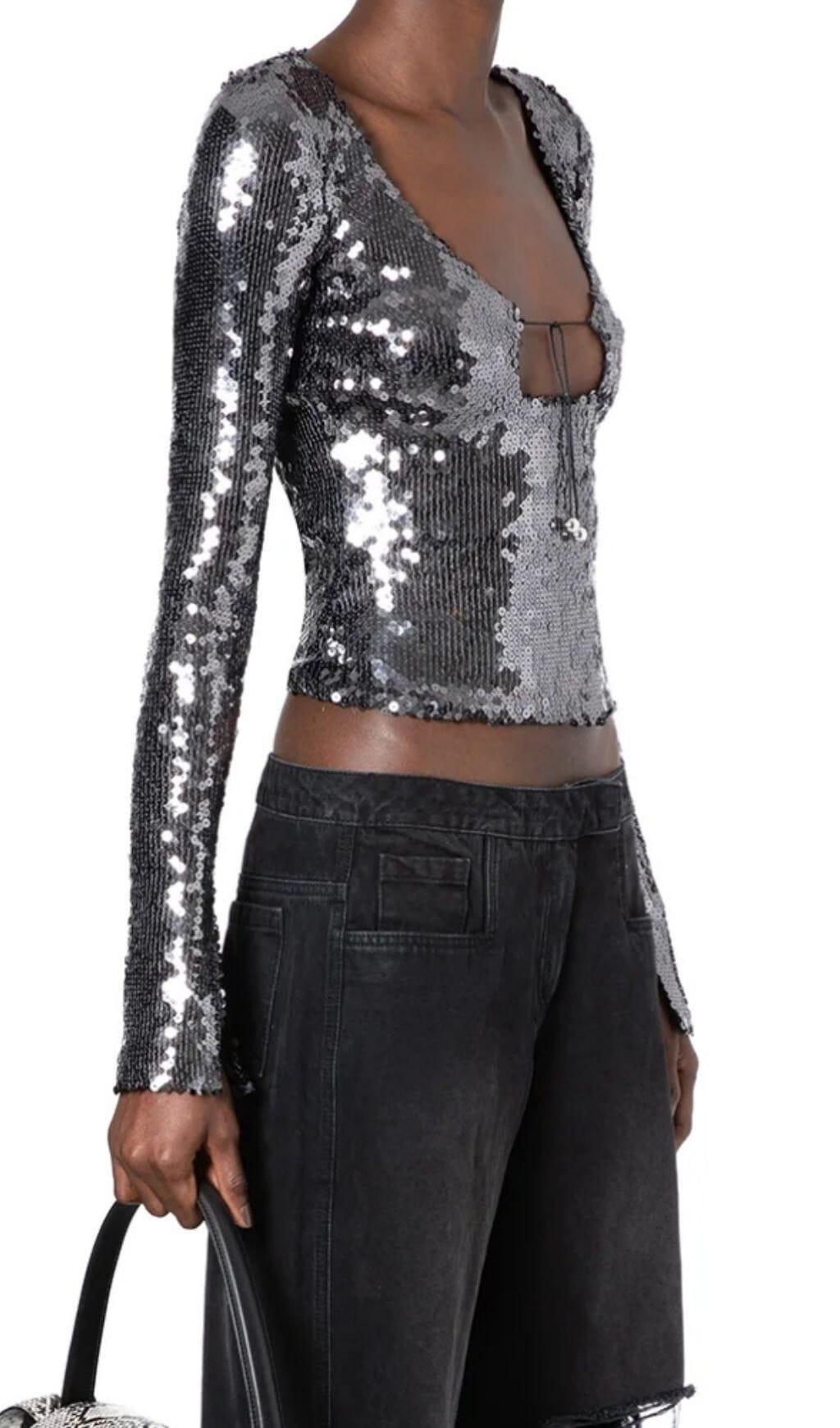 ANTHRACITE SEQUINED STRETCH-TULLE TOP