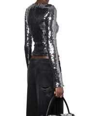 ANTHRACITE SEQUINED STRETCH-TULLE TOP