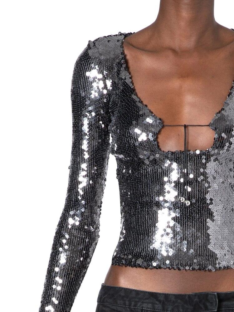 ANTHRACITE SEQUINED STRETCH-TULLE TOP