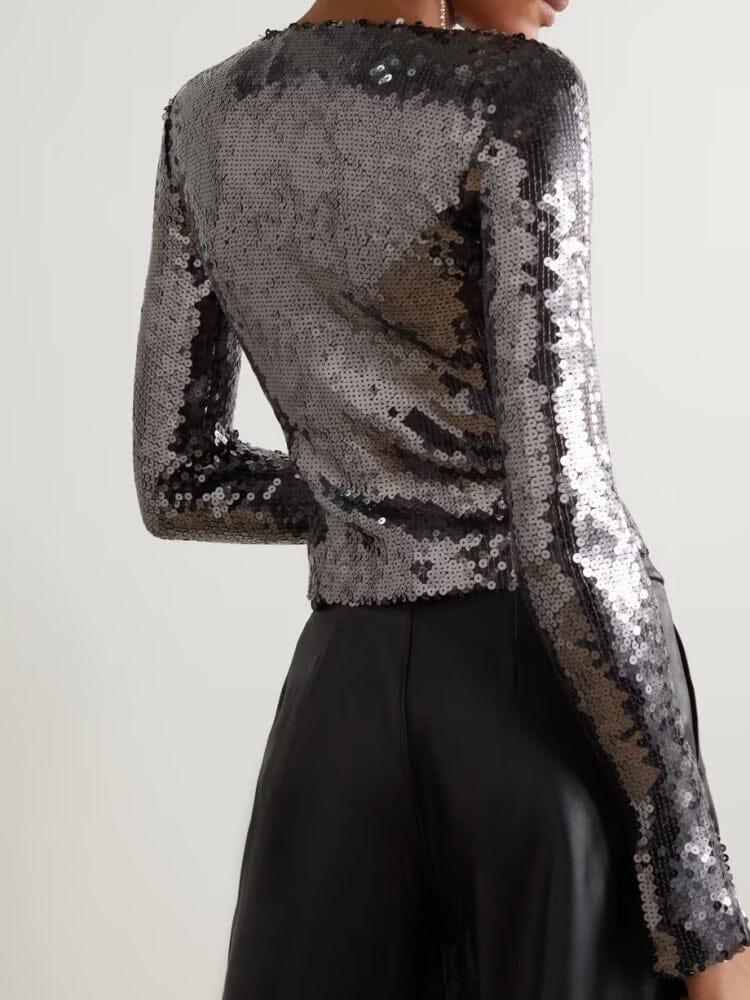 ANTHRACITE SEQUINED STRETCH-TULLE TOP