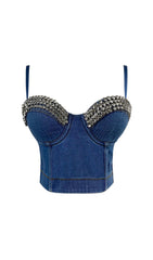 RHINESTONE BACKLESS CROPPED TOP IN NAVY BLUE