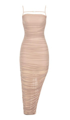 RUCHED BODYCON MIDI DRESS IN TAUPE