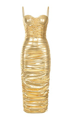 RUCHED STRAPPY MIDI DRESS IN GOLD