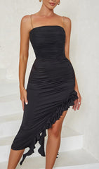 RUFFLE HIGH-LOW DRESS IN BLACK