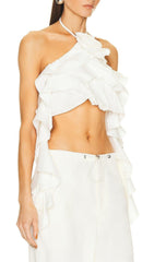 RUFFLE-DETAIL HALTER CROP TOP IN WHITE